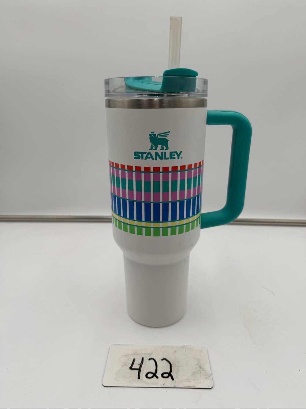 Stanley Quencher H2.0 FlowState 40 Oz Tumbler White Plaid Teal Handle Straw